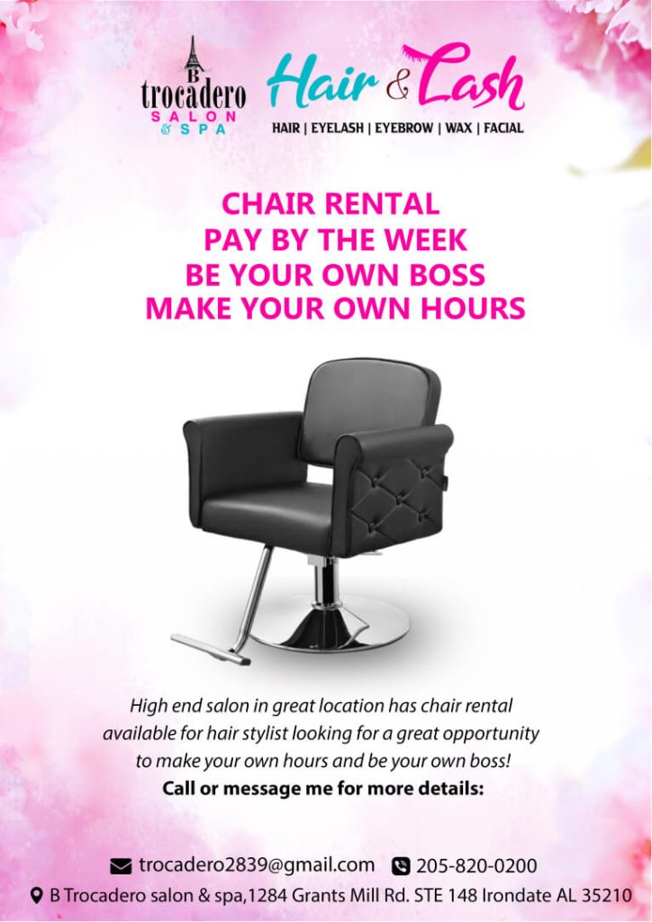 Promotional graphic for chair rental with weekly payments, offering beauty professionals flexible hours and business independence