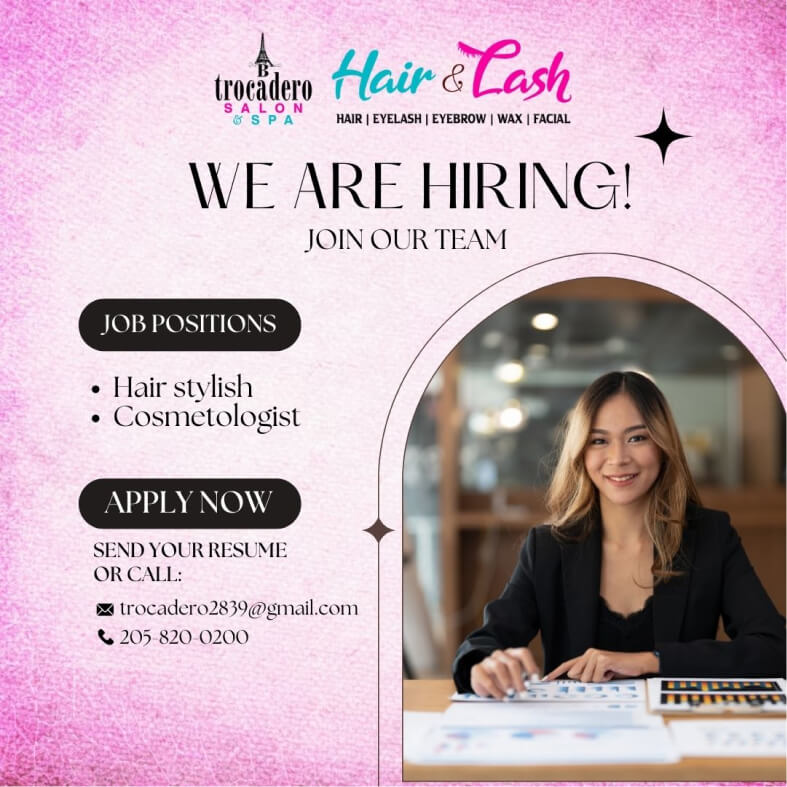 Promotional graphic announcing hiring and career opportunities, inviting job seekers to apply and join the team