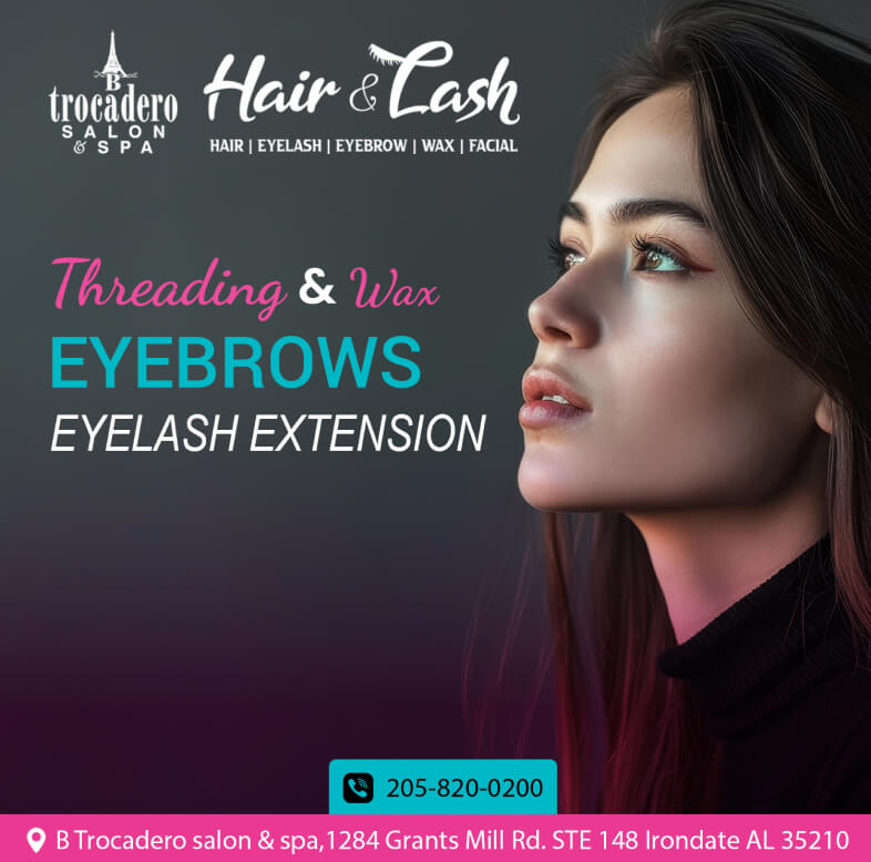 Side view of a beautiful woman promoting threading, waxing, eyebrow, and eyelash extensions displayed beside her, highlighting beauty services